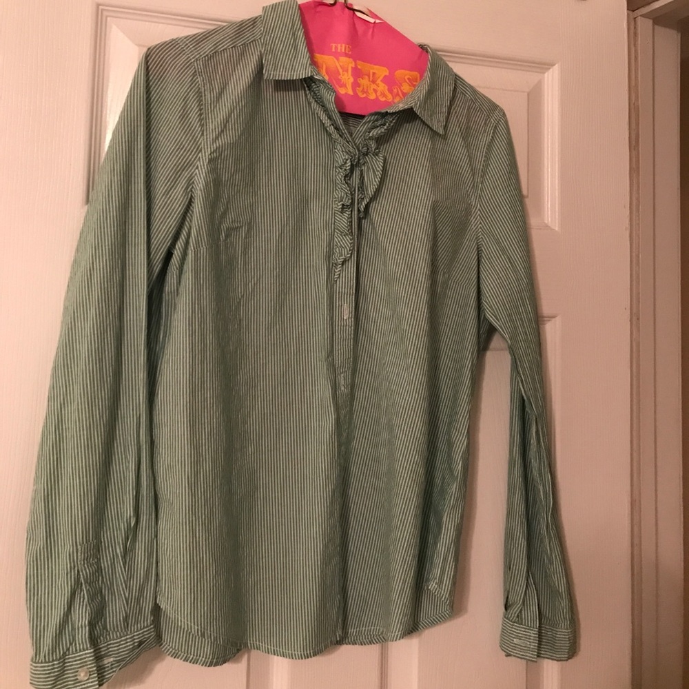 Green and white stripe button up with ruffles